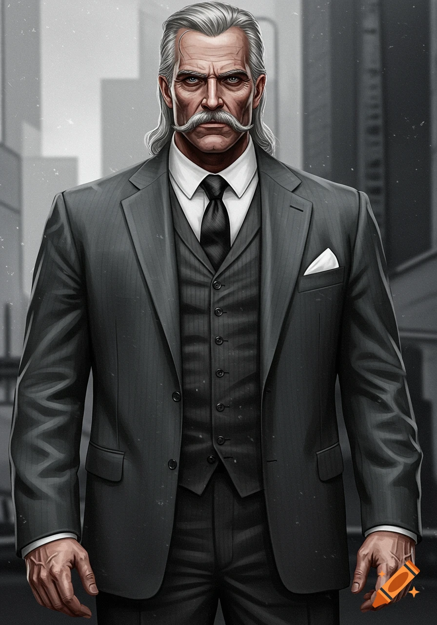 A stylized portrait of a menacing, older man with a grey mullet and large mustache, wearing a grey three-piece suit.