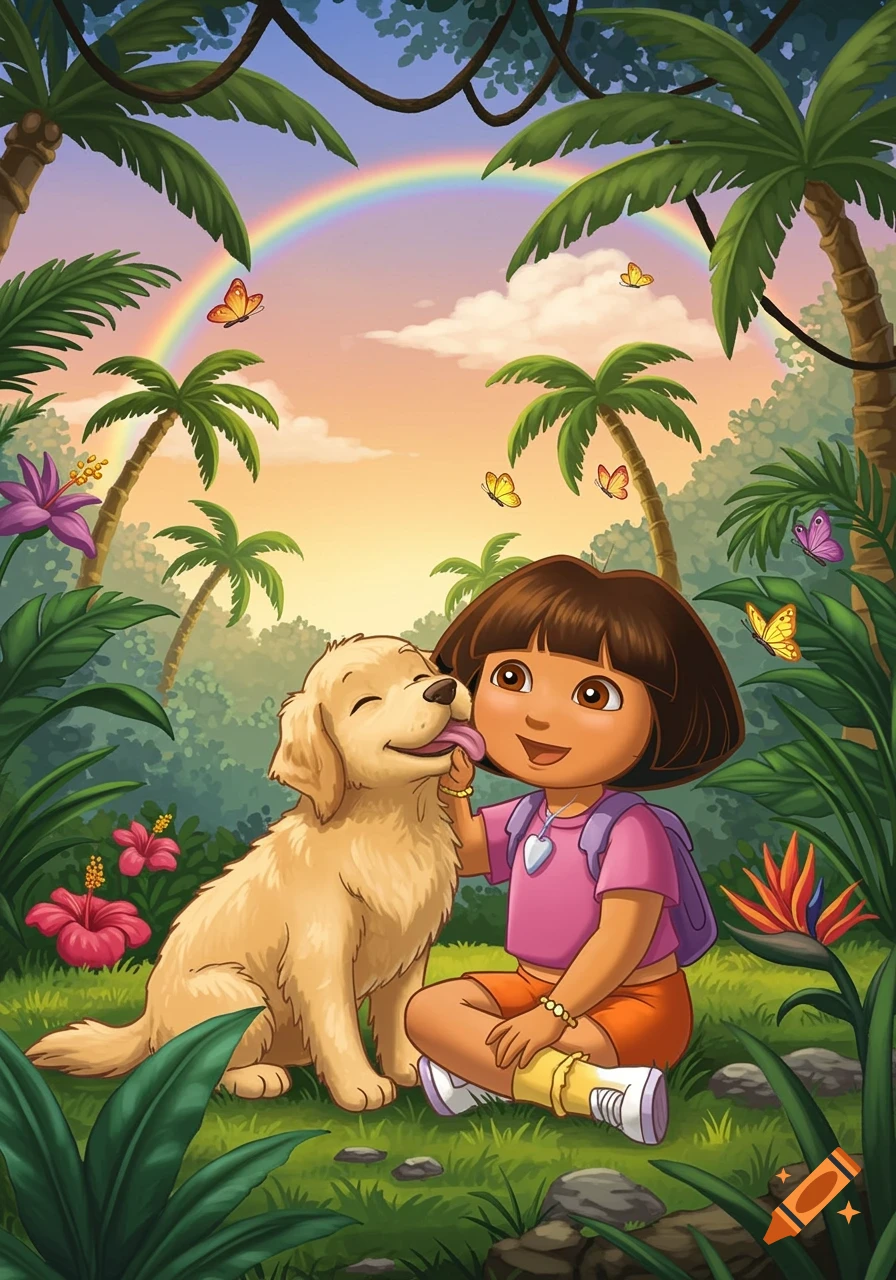 Dora the Explorer sits in a lush jungle, smiling as a golden retriever puppy licks her face under a rainbow.