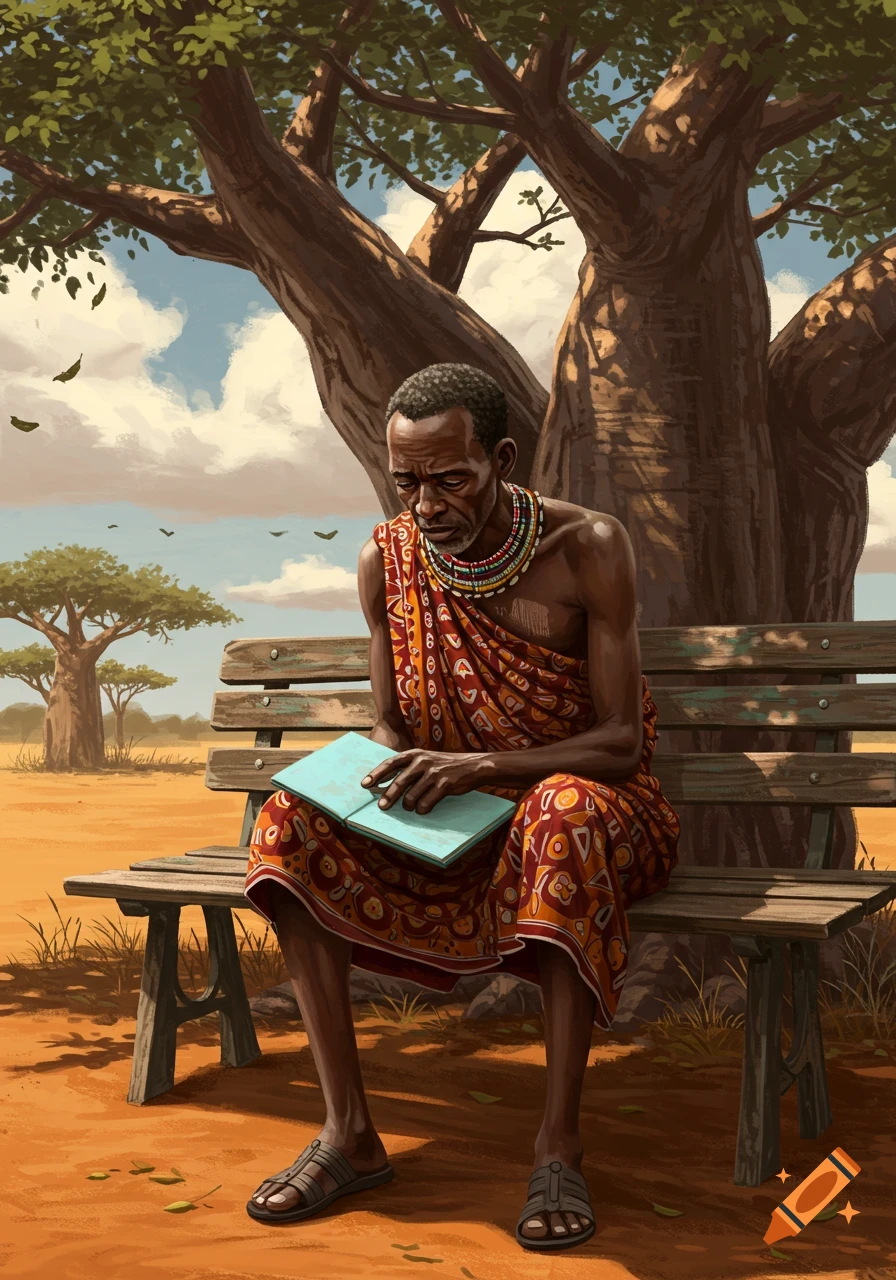 An African man in traditional attire sits on a bench under a large tree, looking at a light blue book in a desert landscape. Illustrated.