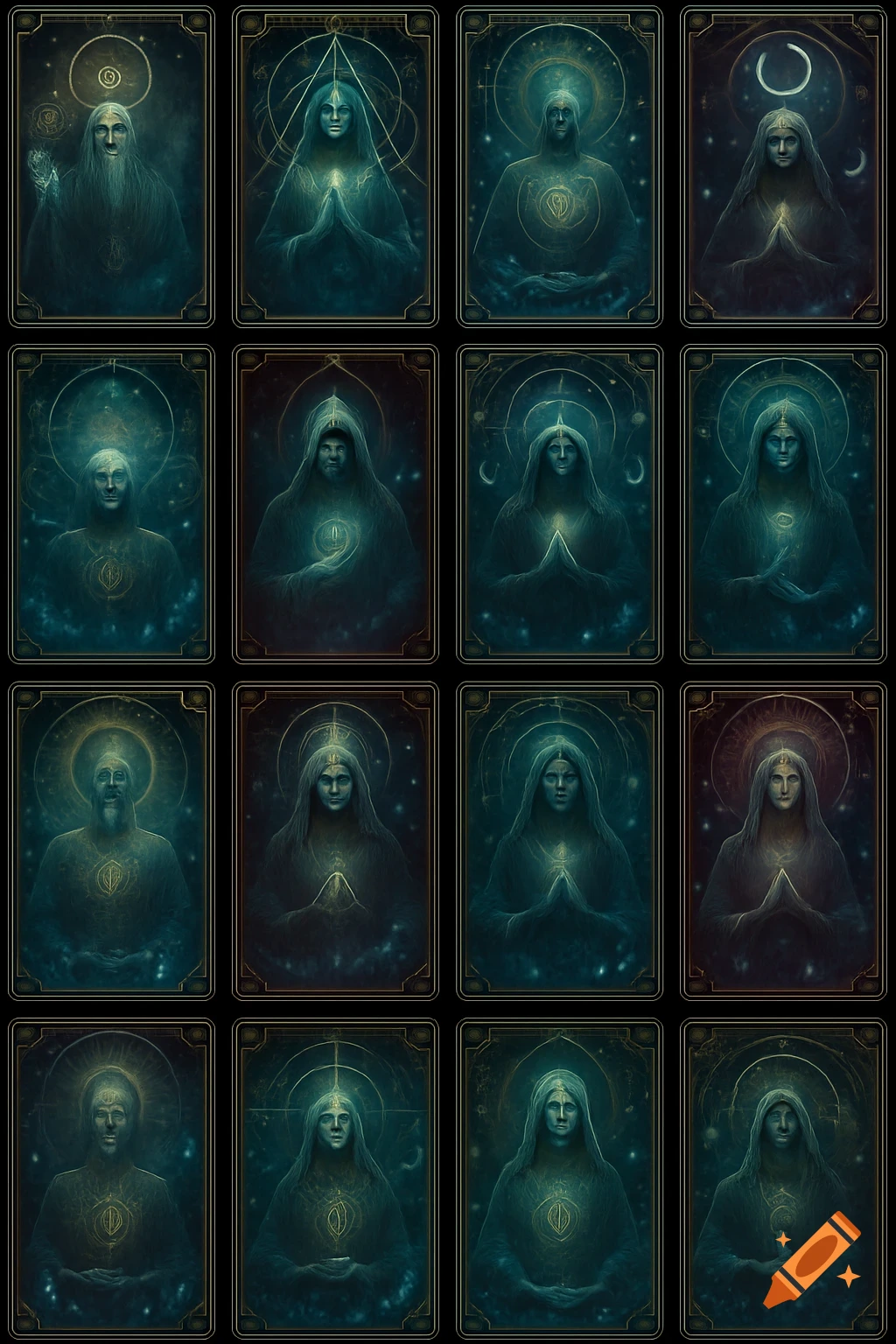 A grid of 16 dark, ethereal tarot cards, each featuring a mystical, cloaked figure with glowing symbols on a starry background.