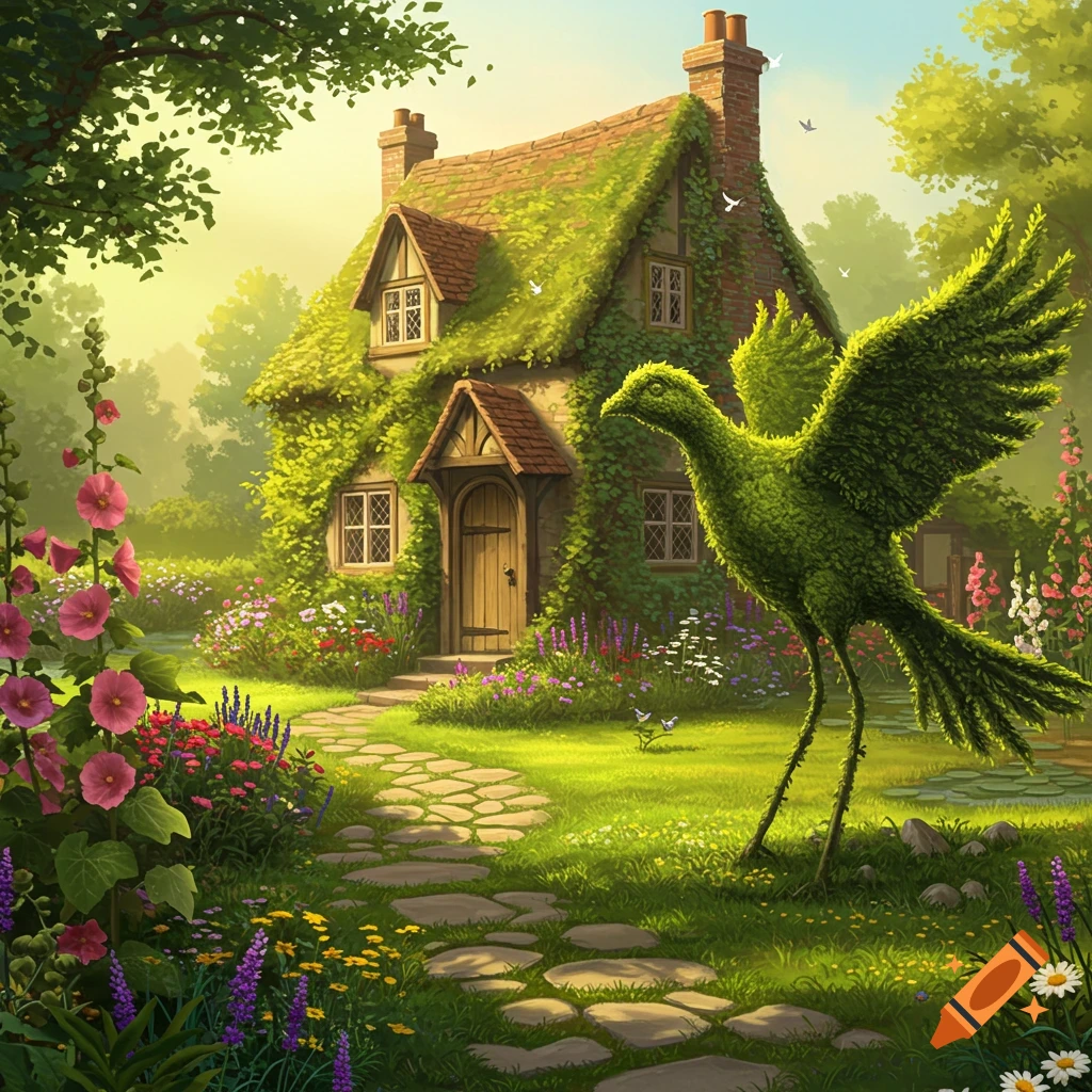 A whimsical cottage covered in ivy with a large, green bird-shaped topiary in a lush, flower-filled garden.
