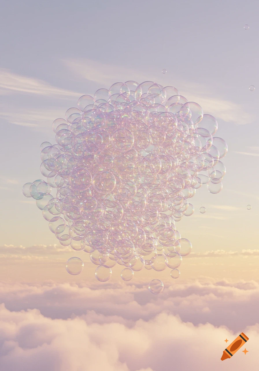 A large cluster of iridescent soap bubbles floats above pastel clouds in a soft, dreamy sky.