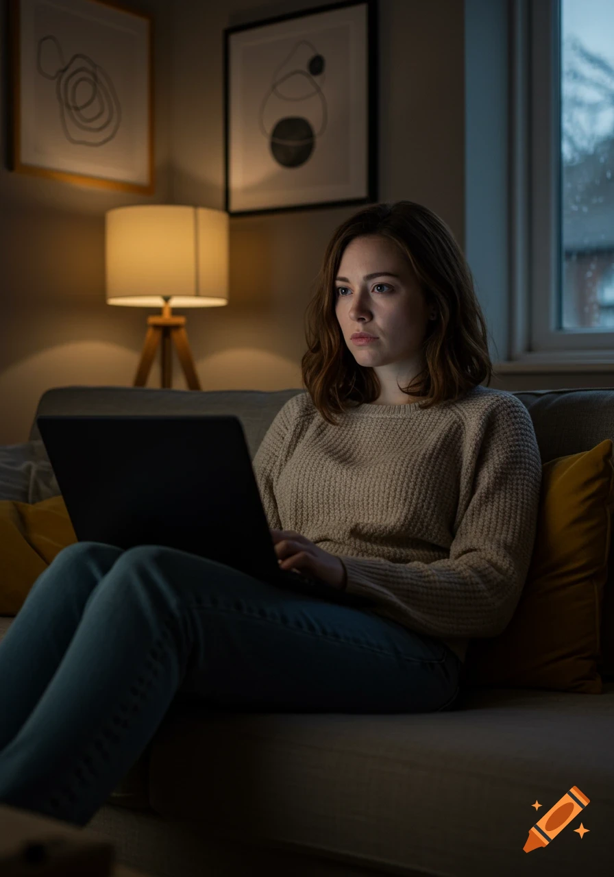 A woman sits on a couch in a dimly lit living room, looking at a laptop.