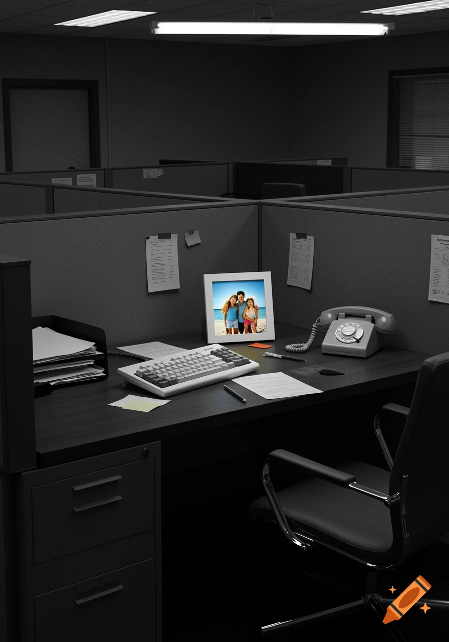 A black and white photo of a sterile office cubicle desk with a colorful family photo in a frame, a keyboard, and a rotary phone.