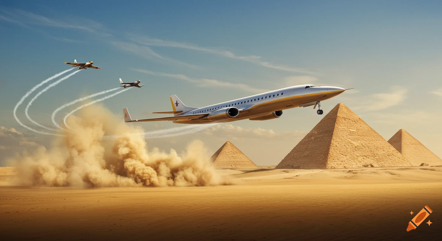 A silver jet plane lands in a desert with pyramids, stirring up dust, as two smaller planes fly above.