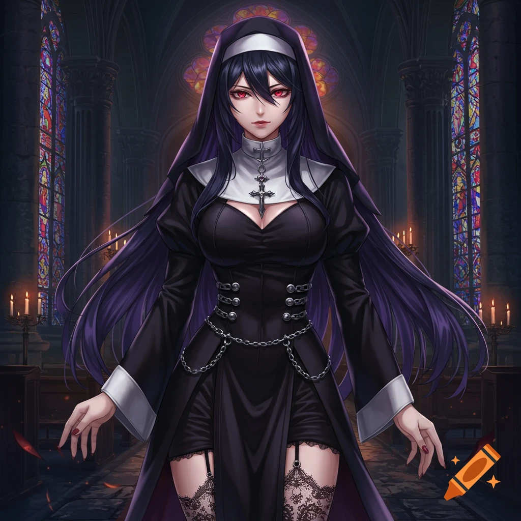 Anime goth nun with long dark hair and red eyes, wearing a black habit, standing in a gothic church.