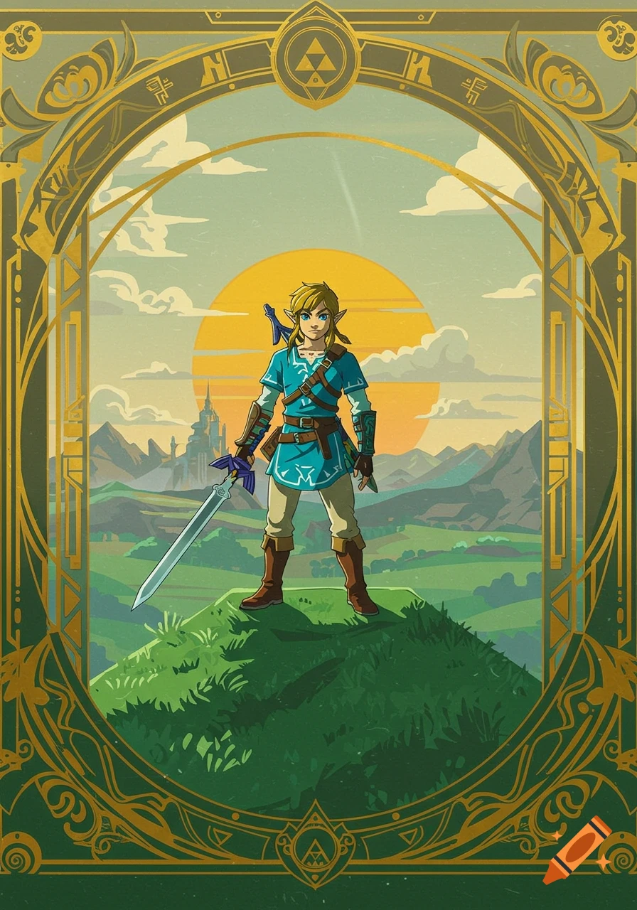 Link from Legend of Zelda stands on a hill with a sword, castle in background, framed in ornate gold Art Deco style.