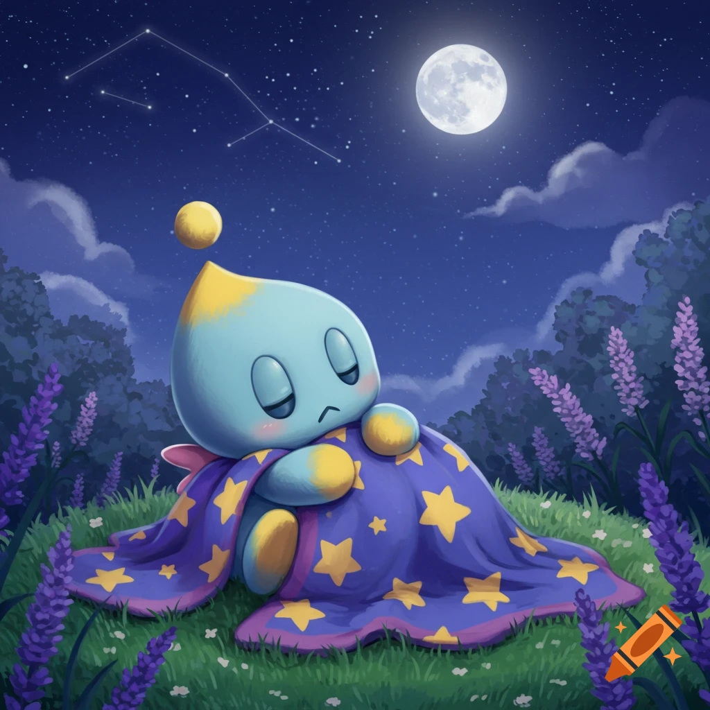 A cute light blue and yellow Chao sleeps curled in a star-patterned blanket in a lavender field under a full moon and starry night sky.