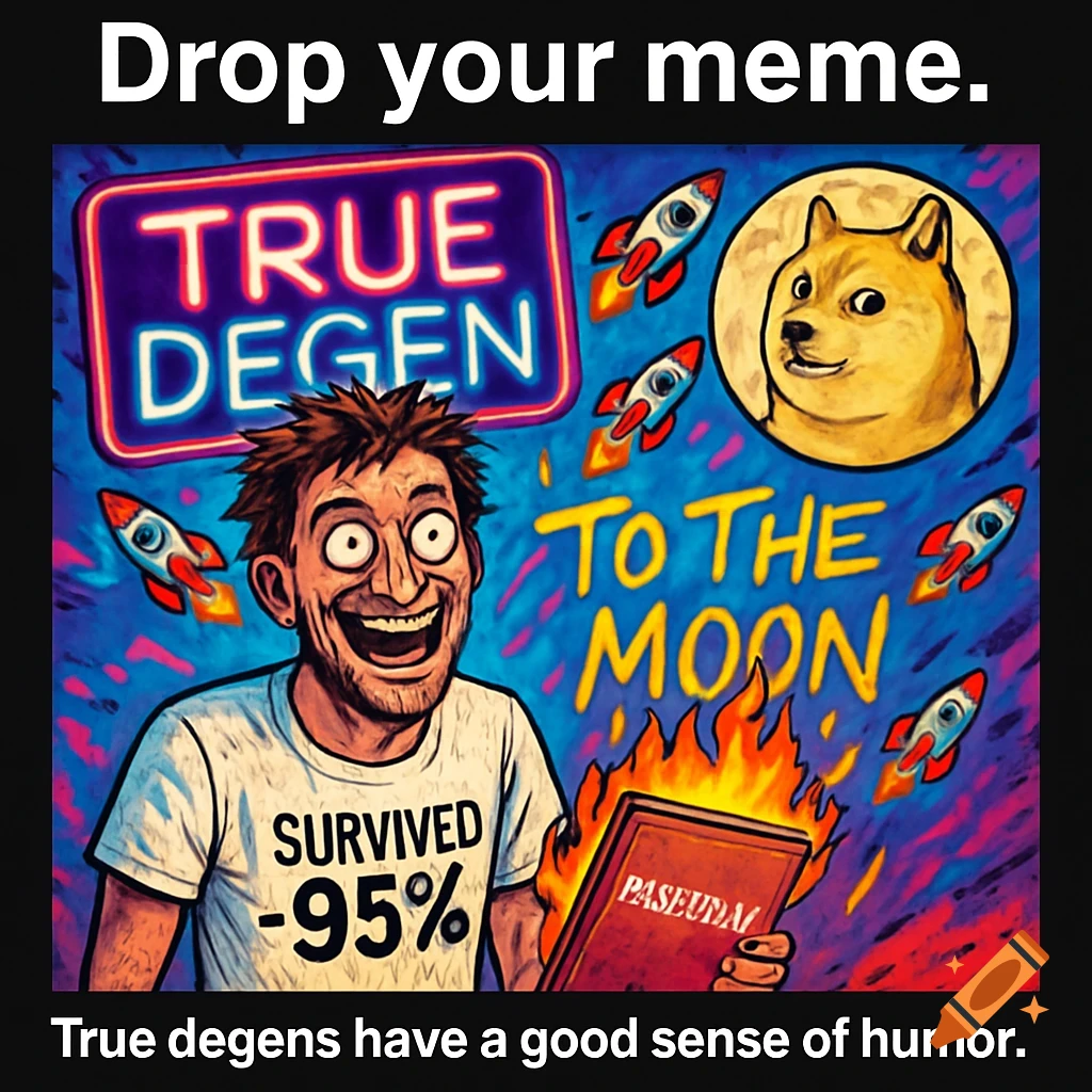 A chaotic meme collage featuring a man in a 'SURVIVED -95%' shirt laughing while holding a burning book. Above him, a 'TRUE DEGEN' neon sign and a Doge meme in the sky with rockets and 'TO THE MOON' graffiti.