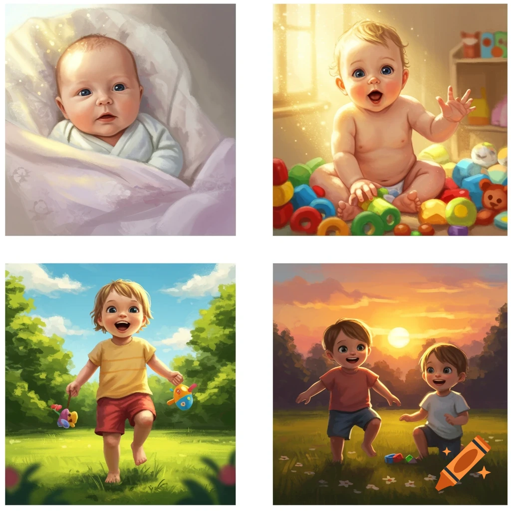 Four panels depicting children's developmental stages: a newborn, a baby playing with toys, a toddler running in grass, and two toddlers playing at sunset.