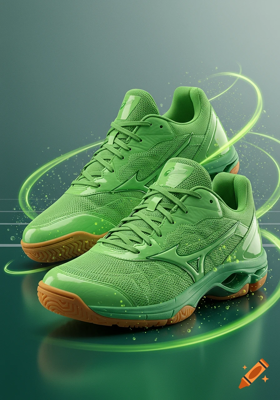 A pair of vibrant green athletic shoes with gum soles, surrounded by glowing green light trails and specks, on a dark green background.