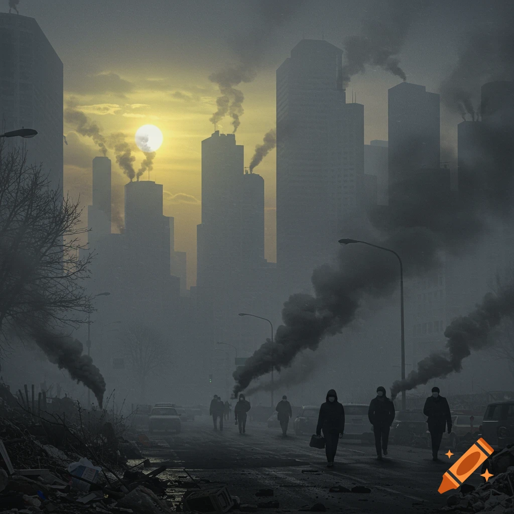 A photorealistic, hazy cityscape at sunset, with tall buildings emitting smoke and masked people walking on a debris-filled street.
