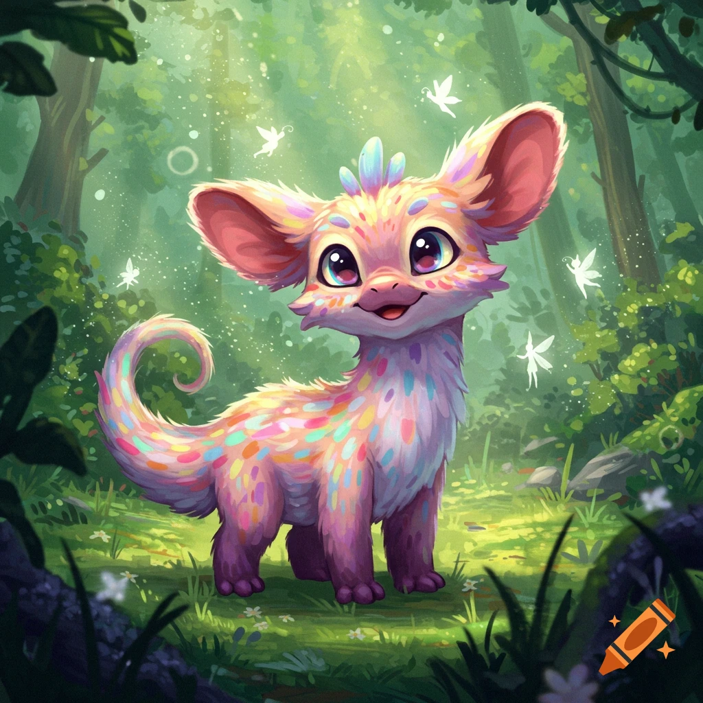 A cute, colorful, fluffy fantasy creature with big ears stands in a magical forest with fairies, digital art.