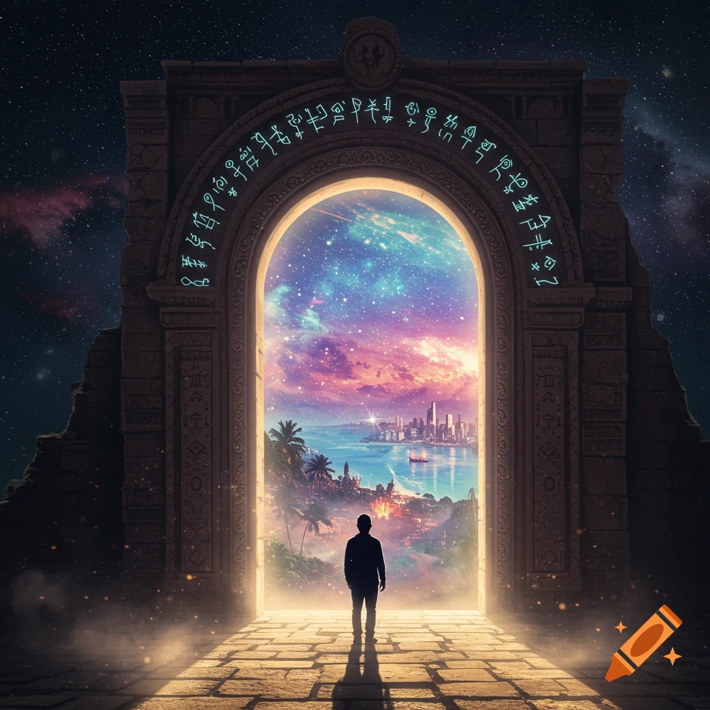 A silhouetted person stands before a grand, glowing archway revealing a vibrant cosmic sky, a futuristic city, and palm trees.