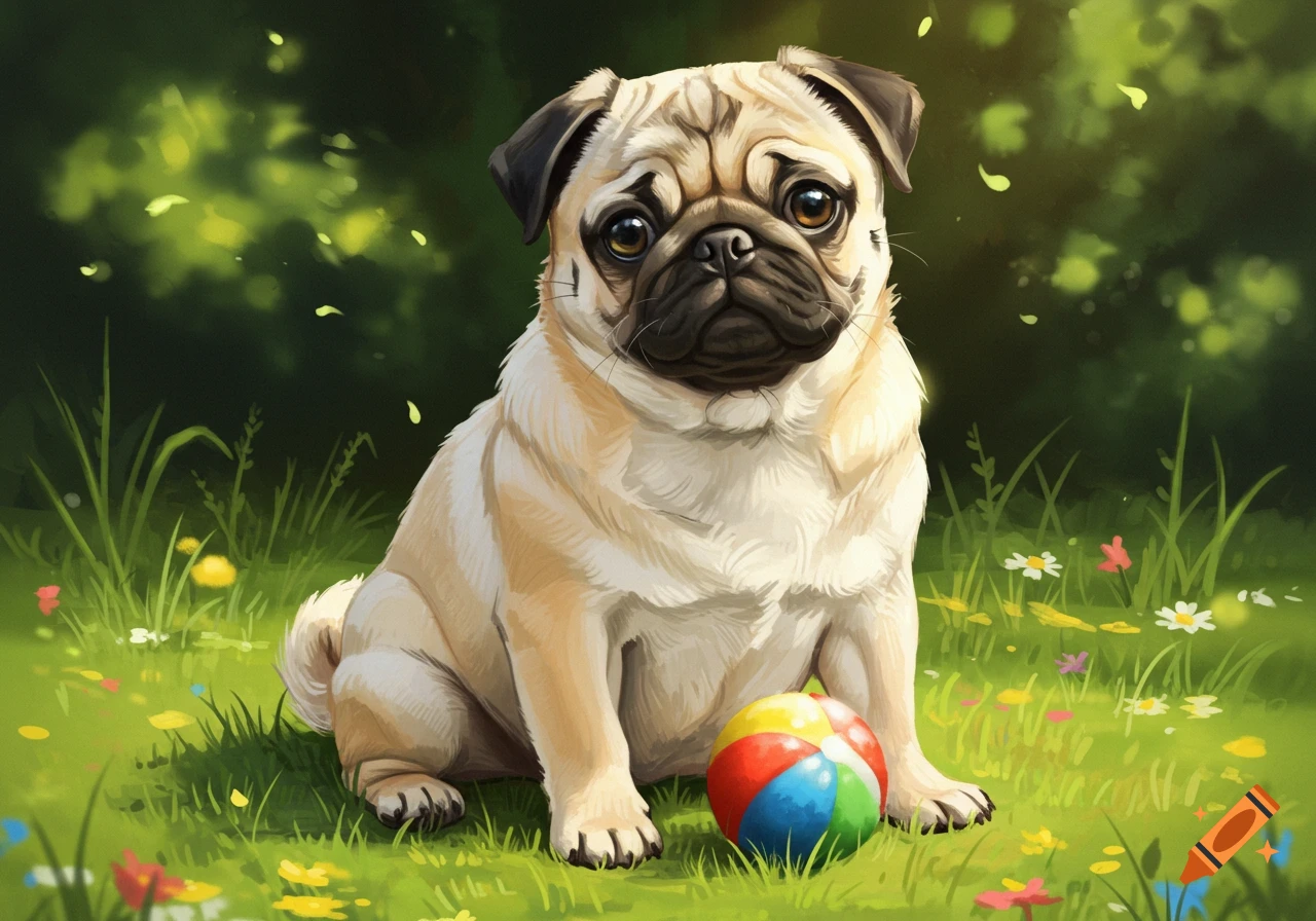 A cute pug sits on a grassy field with small flowers and a colorful beach ball, in a vibrant painterly style.