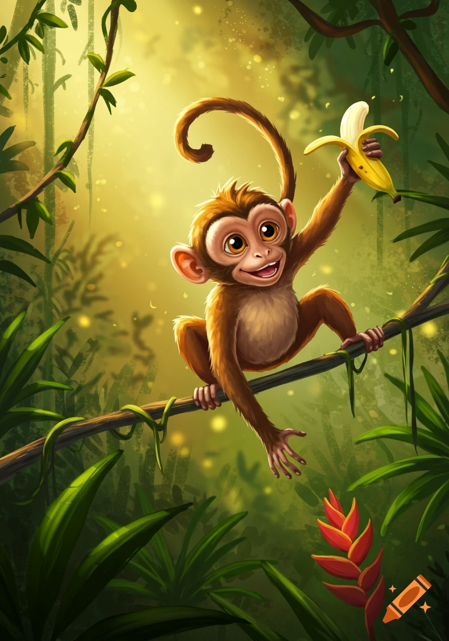 A happy cartoon monkey swings on a vine in a vibrant jungle, holding a peeled banana.