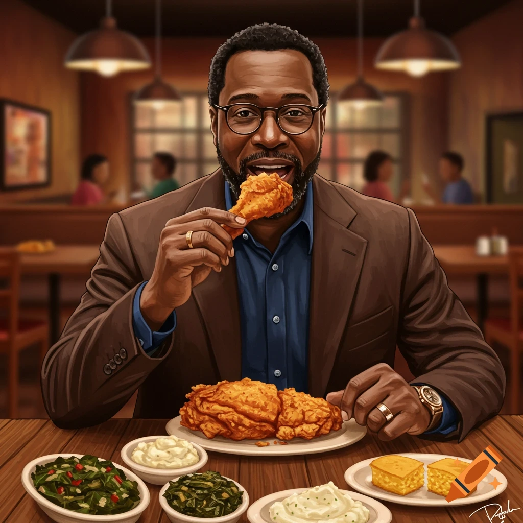 A smiling Black man in a brown suit eats a piece of fried chicken at a restaurant table with mashed potatoes, collard greens, and cornbread.