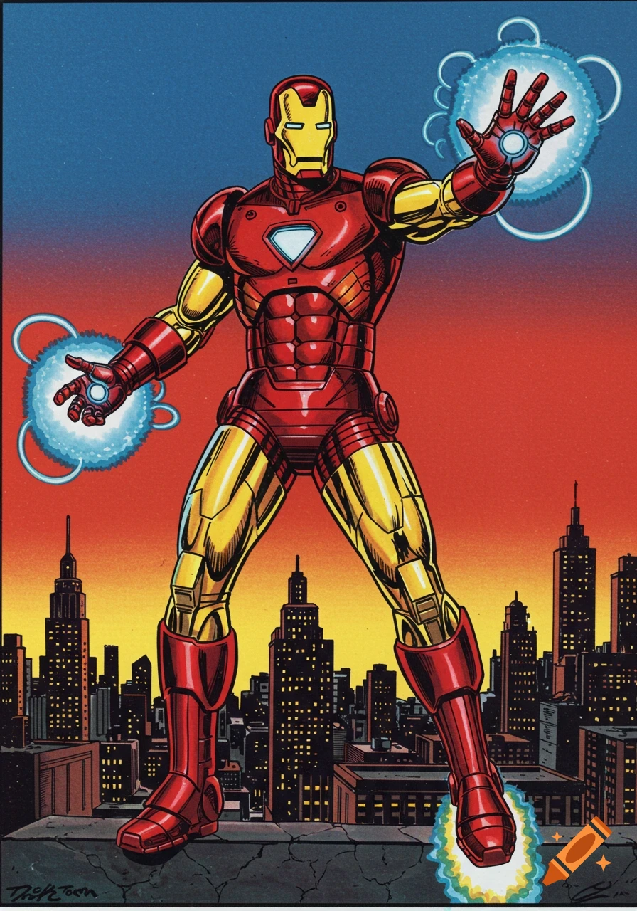 Classic Iron Man in red and gold suit, standing on a rooftop, firing energy blasts. City skyline at sunset, comic art style.