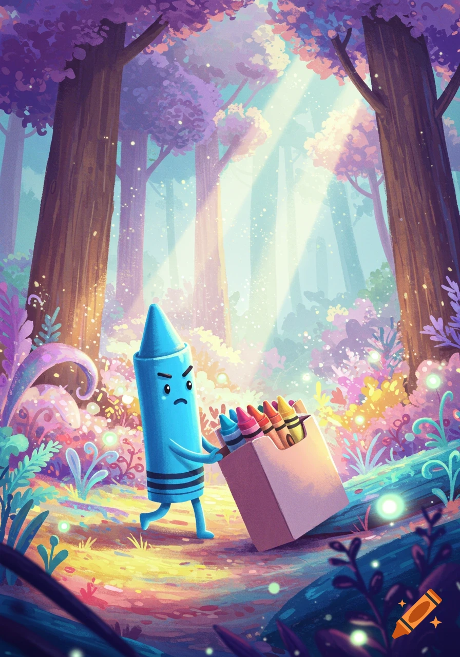 Angry blue cartoon crayon pushes a box of colorful crayons through a magical, vibrant forest with purple trees and glowing lights.