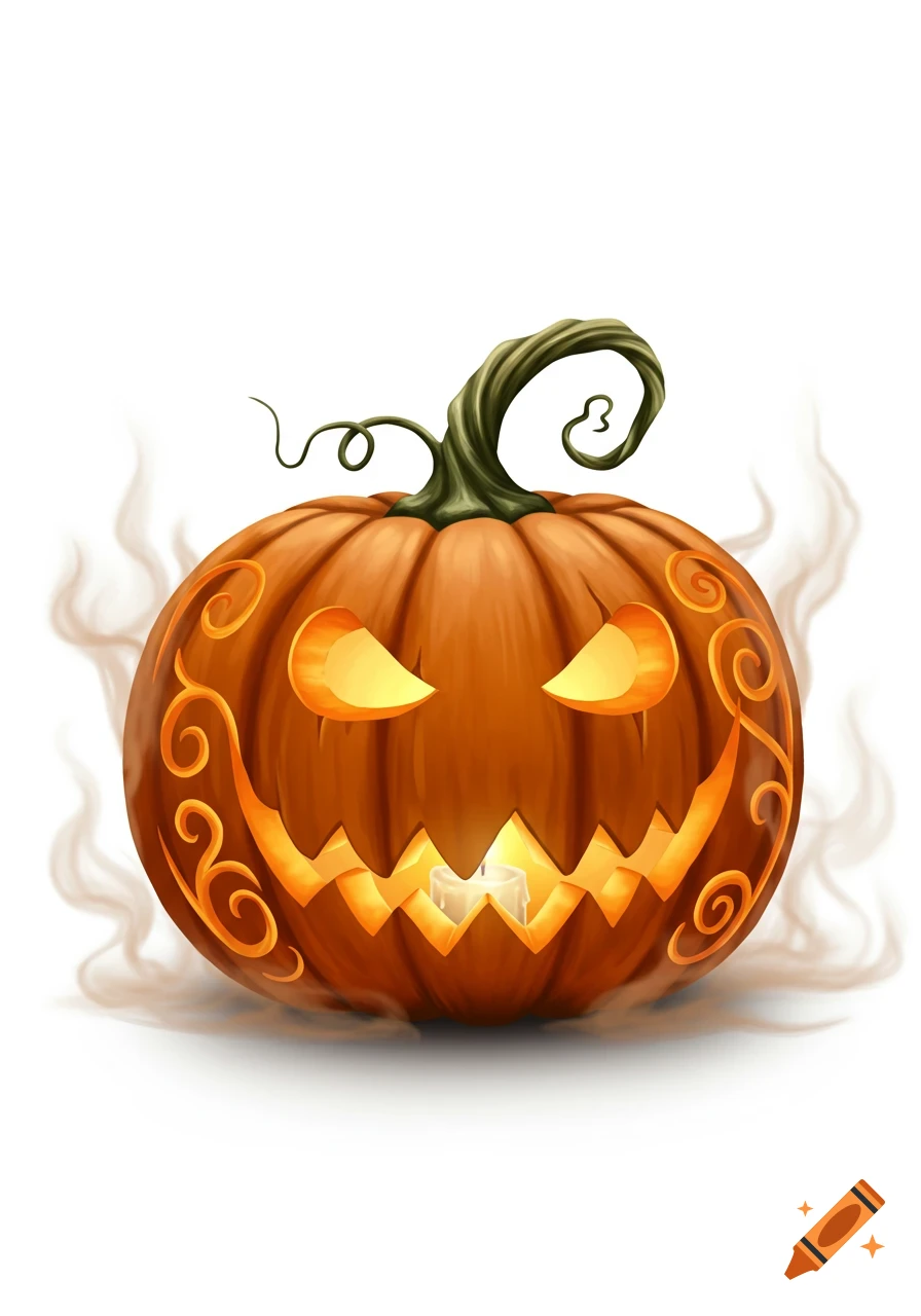 A glowing, spooky jack-o'-lantern with decorative swirls and tendrils, emitting wisps of smoke, on a white background.