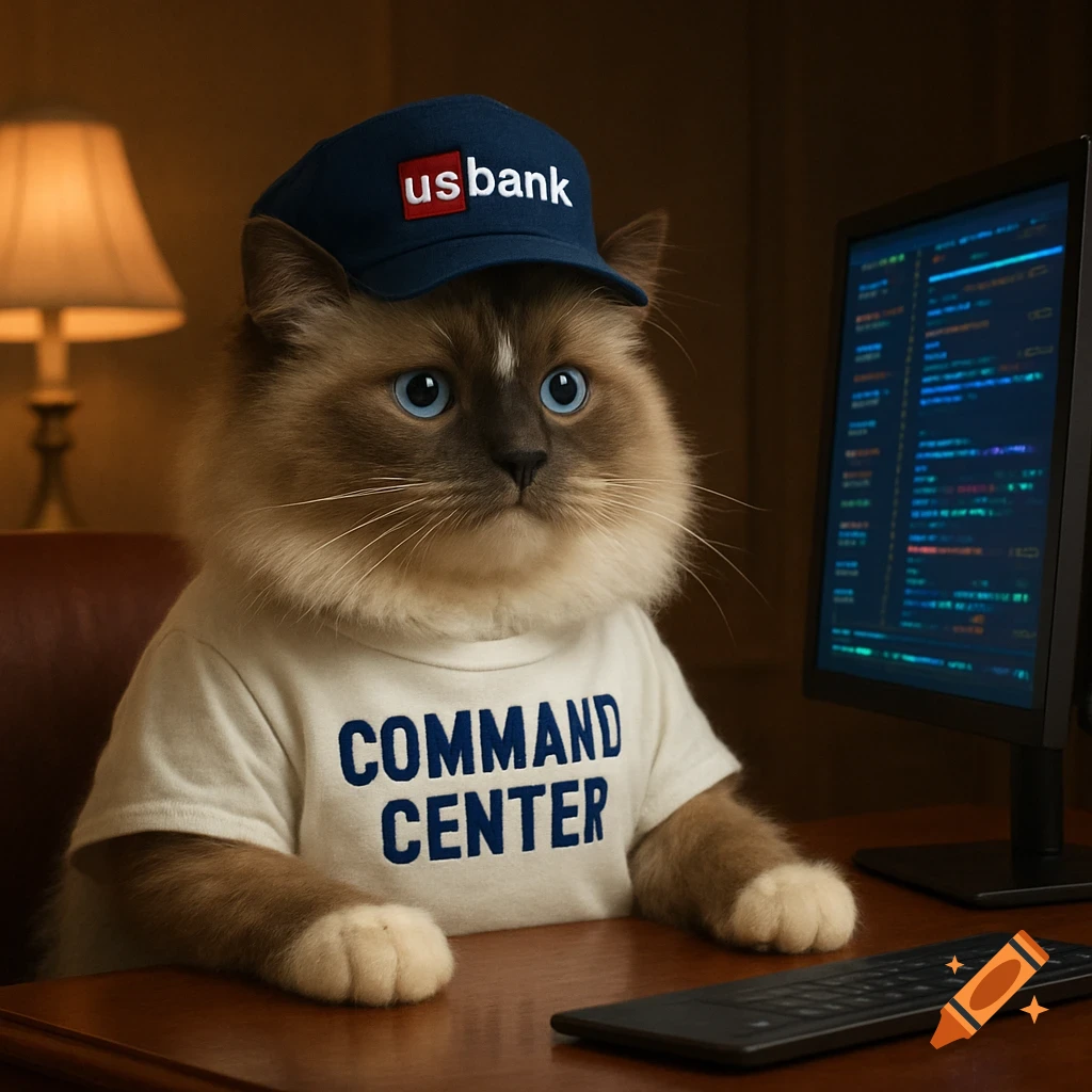 A photorealistic ragdoll cat wearing a 'us bank' hat and a 'COMMAND CENTER' shirt sits at a desk with a computer.