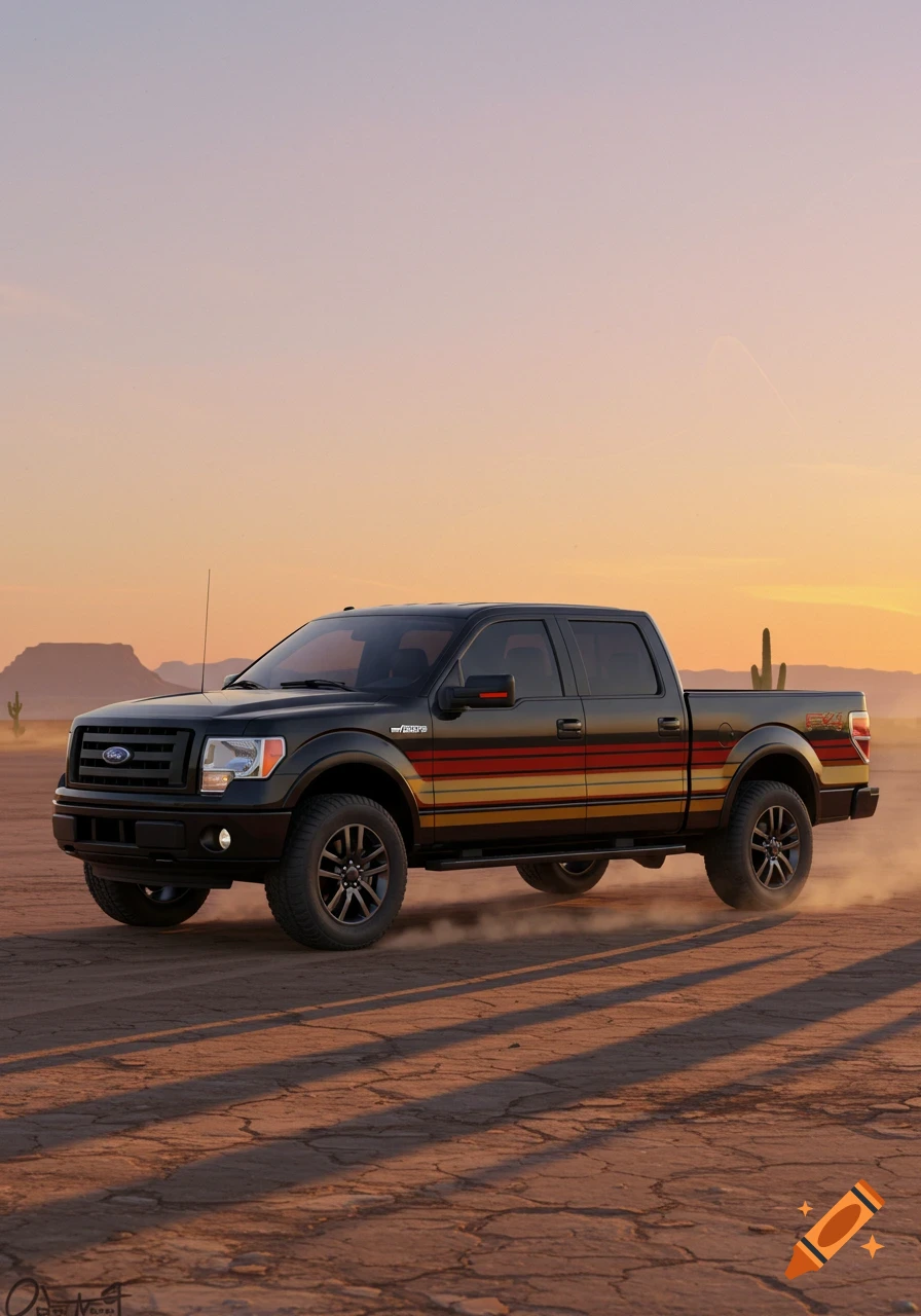 A black Ford F150 truck with retro sunset decals drives through a dusty desert at golden hour.
