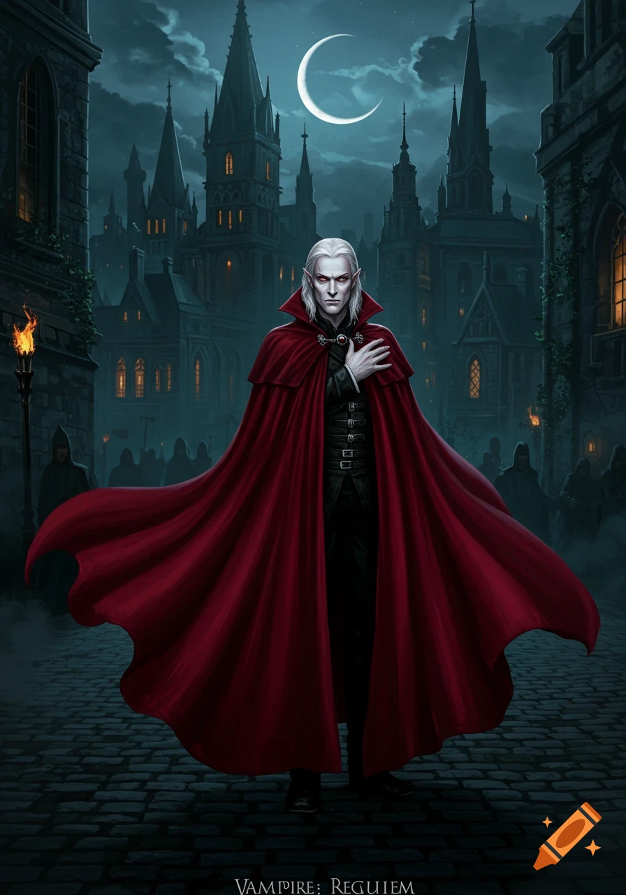 A pale, white-haired vampire in a flowing red cape stands in a dark, gothic city street under a crescent moon.