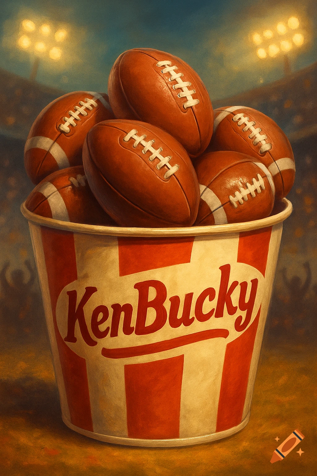A stylized illustration of a 'KenBucky' striped bucket overflowing with American footballs, set against a blurred stadium background with lights.