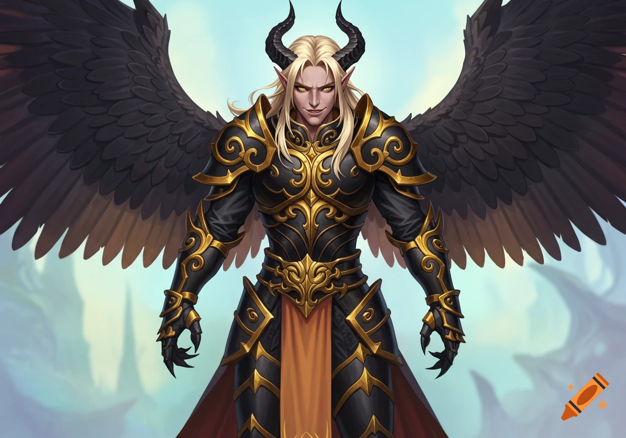Stylized illustration of a horned, winged male character with blond hair and a sinister grin, wearing black and gold armor.
