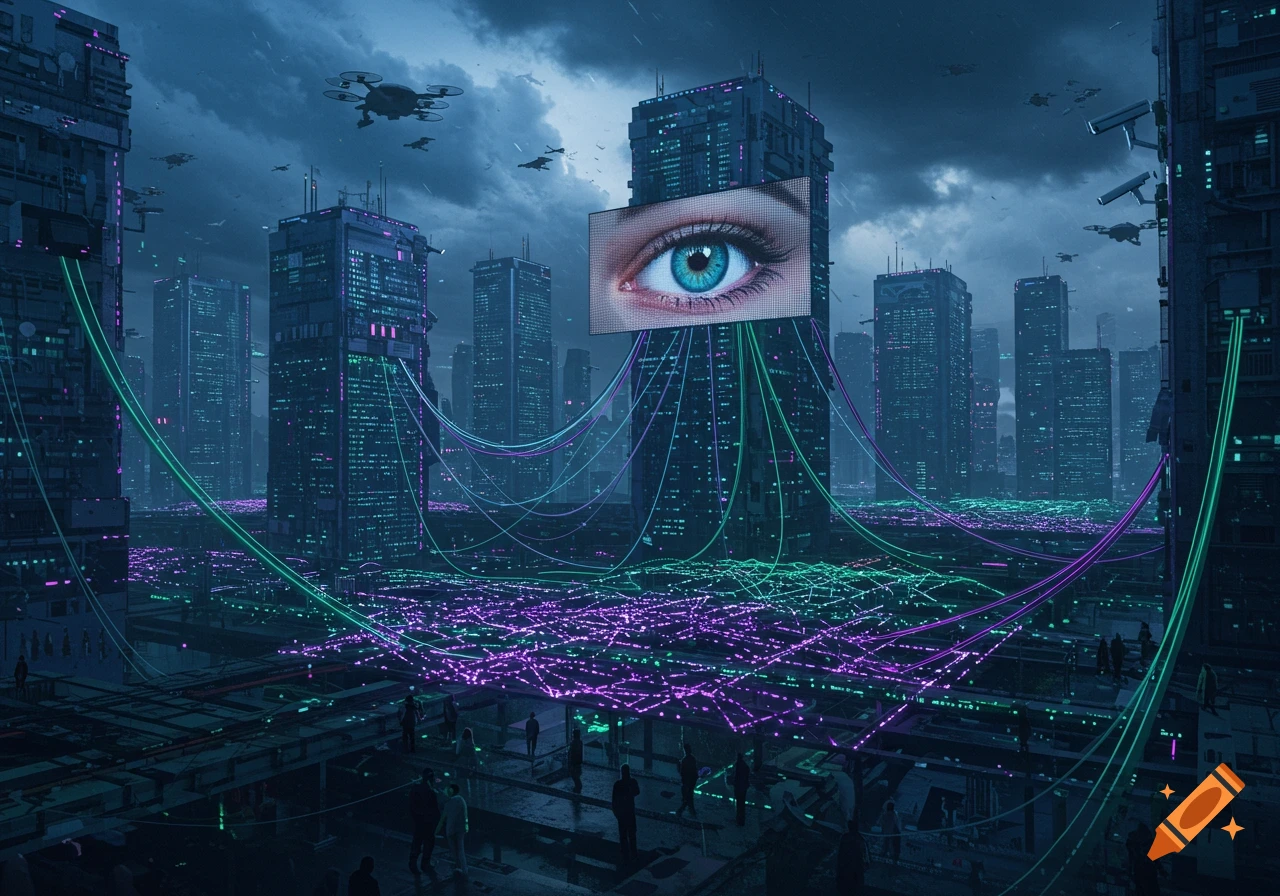 Dark cyberpunk city at night with towering skyscrapers, glowing neon circuits, drones, and a giant eye on a billboard.