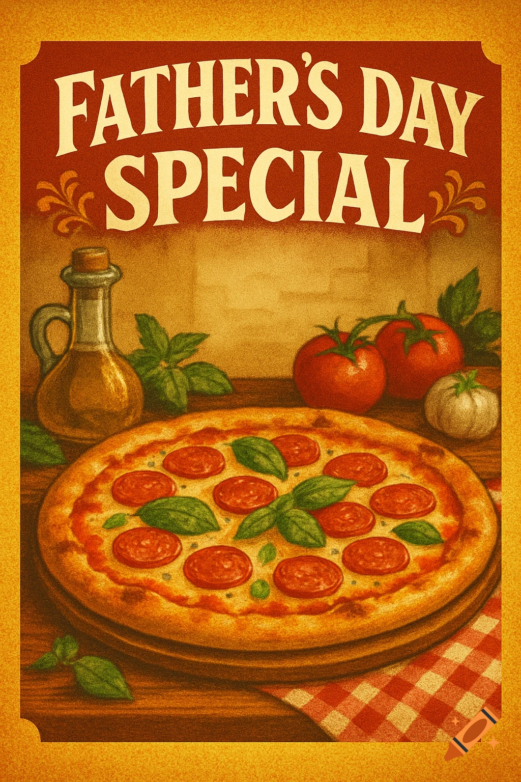 Vintage Father's Day pizza promotion poster with pepperoni and basil pizza, olive oil, tomatoes, and garlic.