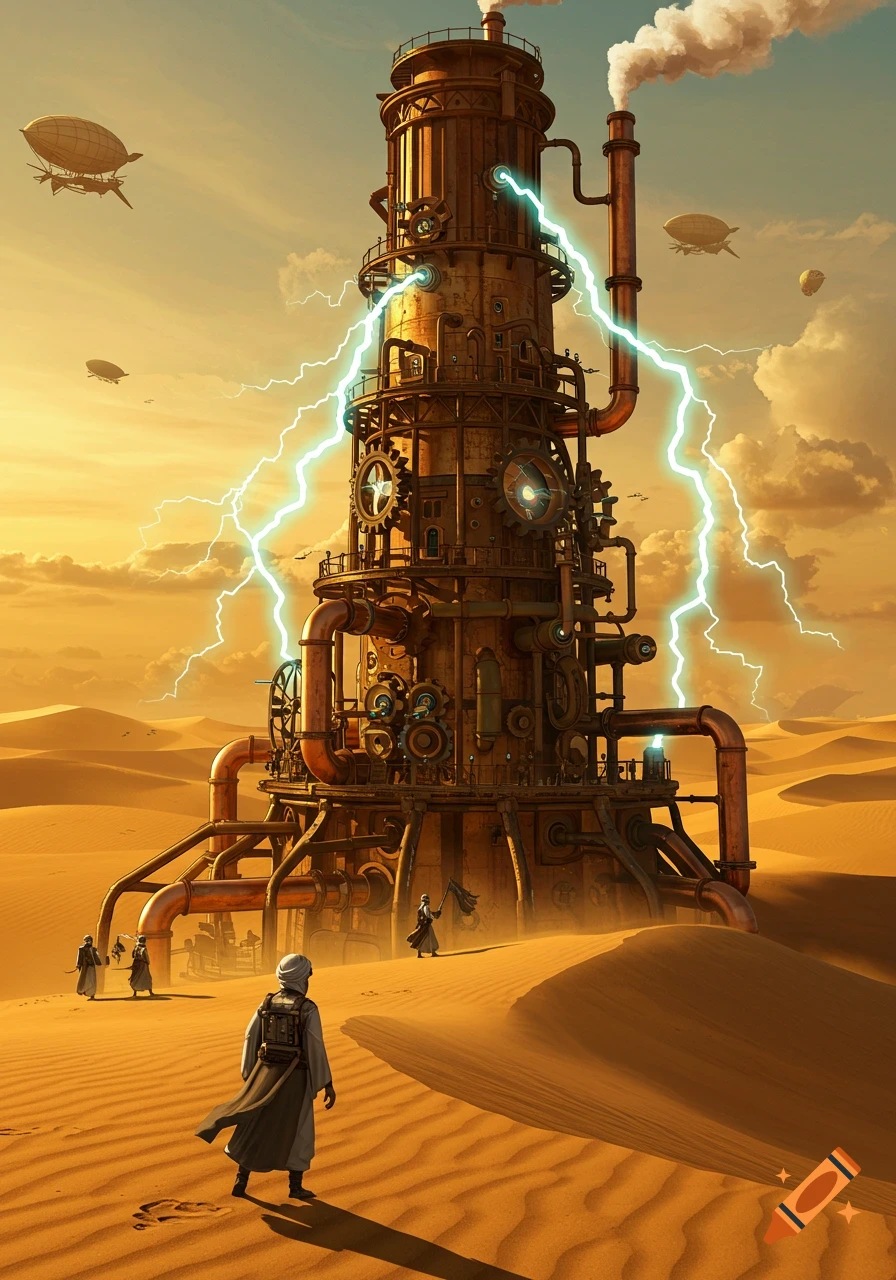 A towering, intricate steampunk structure with glowing blue electricity in a vast desert, with small figures and airships in the golden sky.