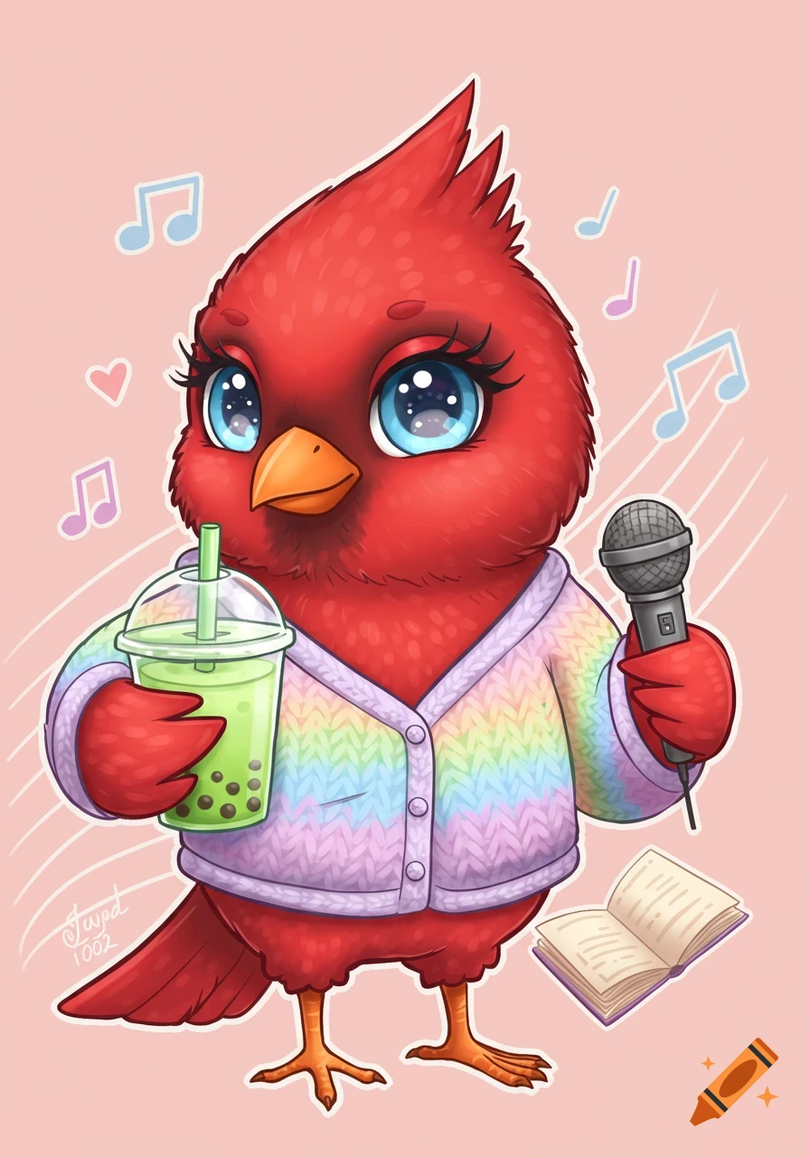 A cute red cartoon cardinal bird with large blue eyes wears a pastel rainbow cardigan, holding a matcha boba tea and a microphone, with musical notes and an open book.