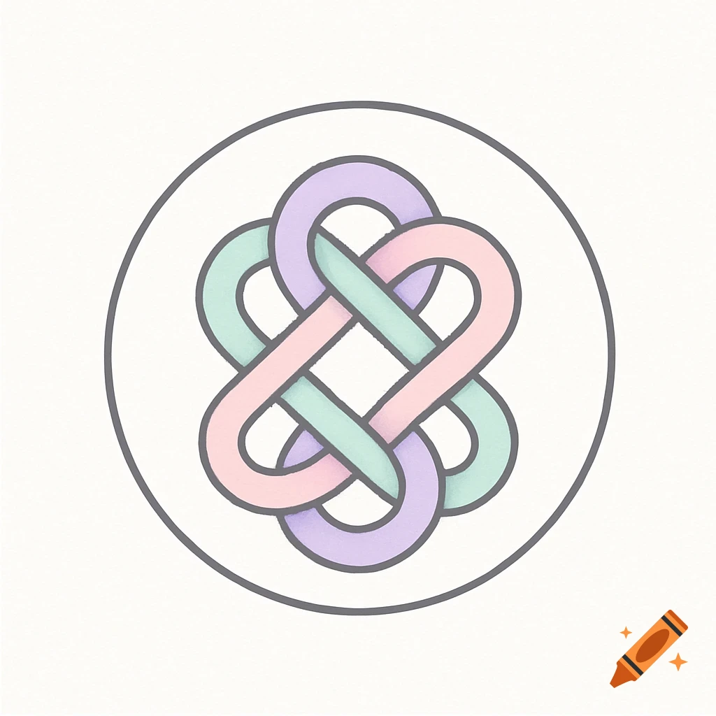 A stylized pastel-colored interlocking knot logo inside a dark grey circle on a light background.