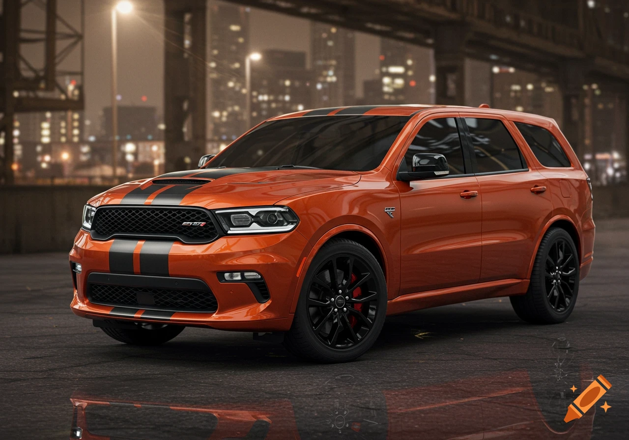 A photorealistic image of an orange Dodge Durango SRT with black racing stripes and black wheels, parked in a city at night.