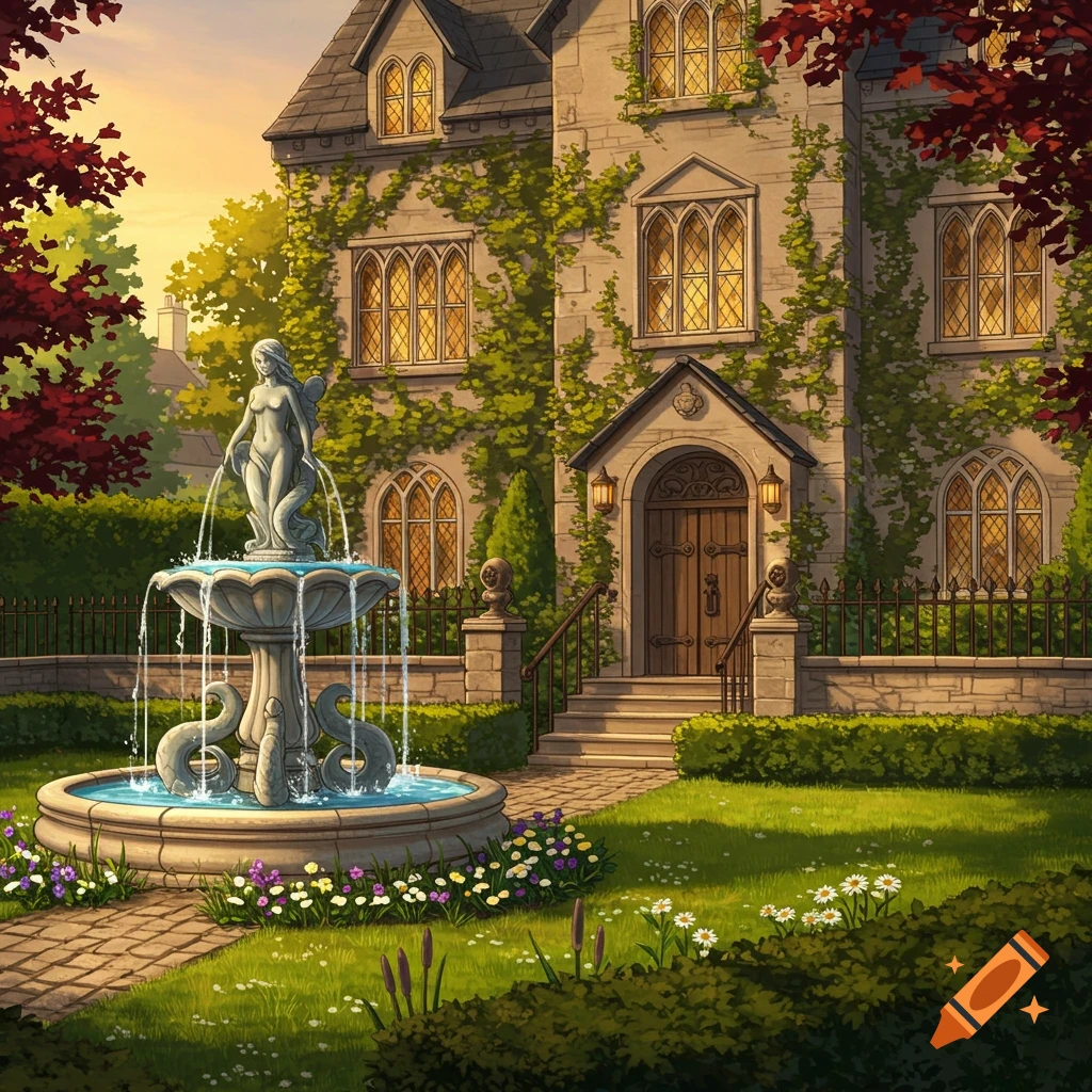 A charming fantasy drawing of a noble house with a mermaid statue fountain in its lush green front yard at sunset.