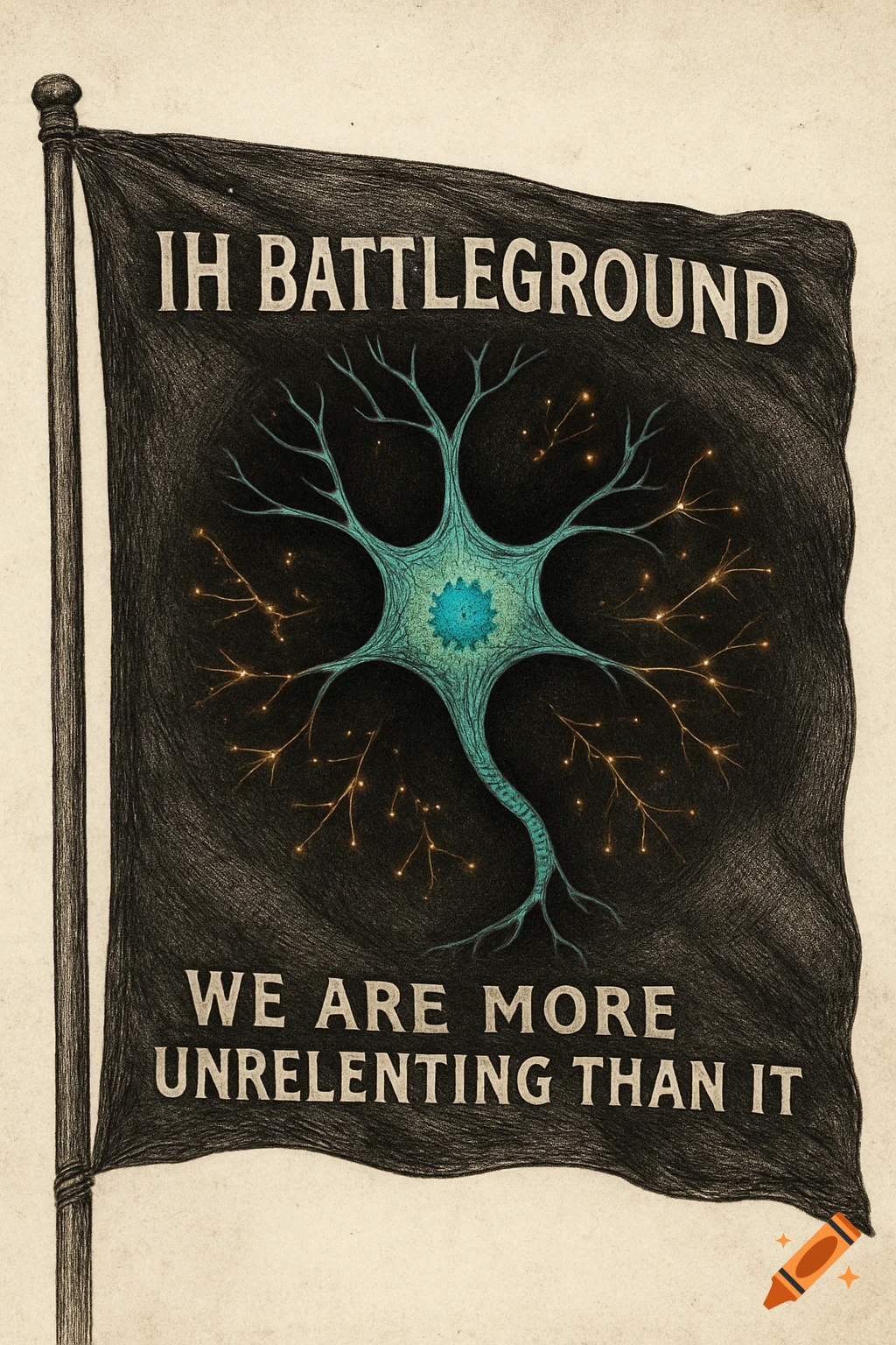 Black flag with a turquoise neuron, golden sparks, in an anatomical drawing style. Text reads 'IH BATTLEGROUND' and 'WE ARE MORE UNRELENTING THAN IT'.