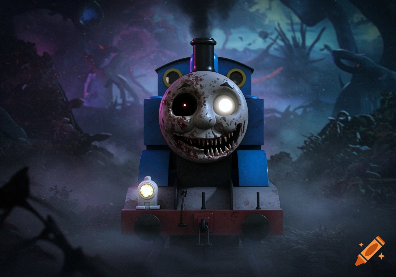 A horrifying, rotted Thomas the Tank Engine with glowing eyes and sharp teeth in a dark, misty, alien-like landscape.