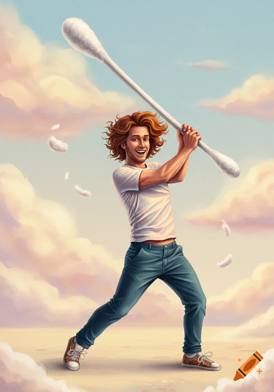 Illustrated man with curly hair swinging a giant Q-tip in a cloudy sky with falling feathers.
