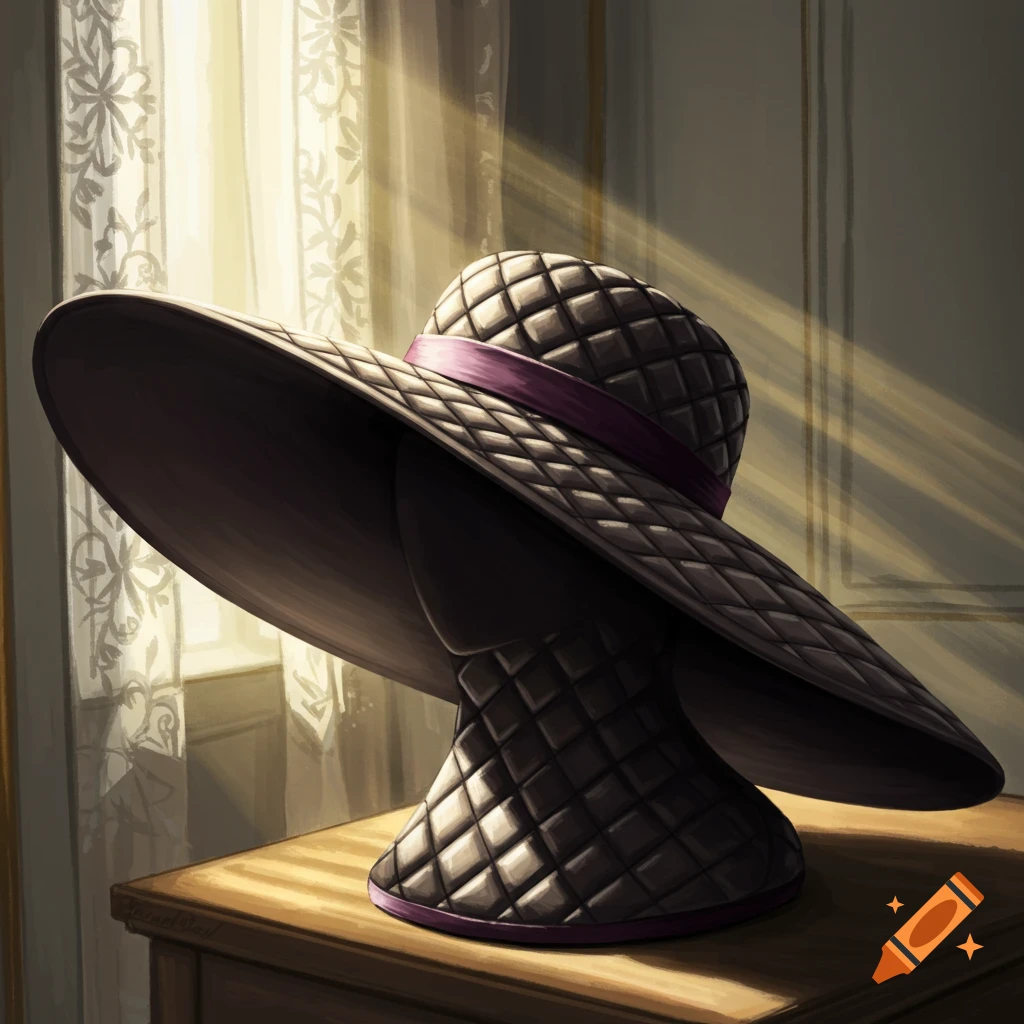A wide-brimmed, quilted hat on a display stand bathed in light from a window with lace curtains.
