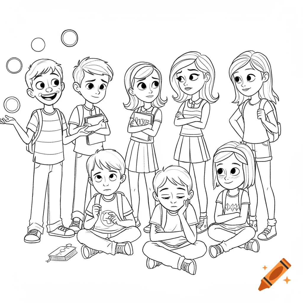 A black and white outline drawing of seven elementary school children. Some stand, some sit on the ground. They display various emotions.