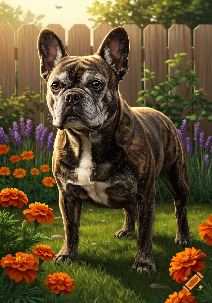 A brindle French bulldog with grey muzzle stands in a sunny garden filled with orange marigolds and purple lavender, in front of a wooden fence.