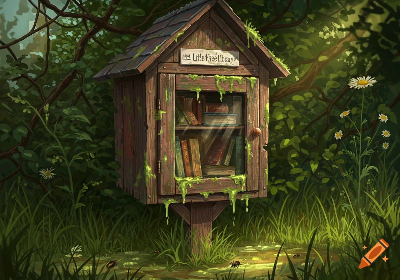 Illustrated wooden little free library covered in green goo and dirt, surrounded by lush forest, daisies, and insects.