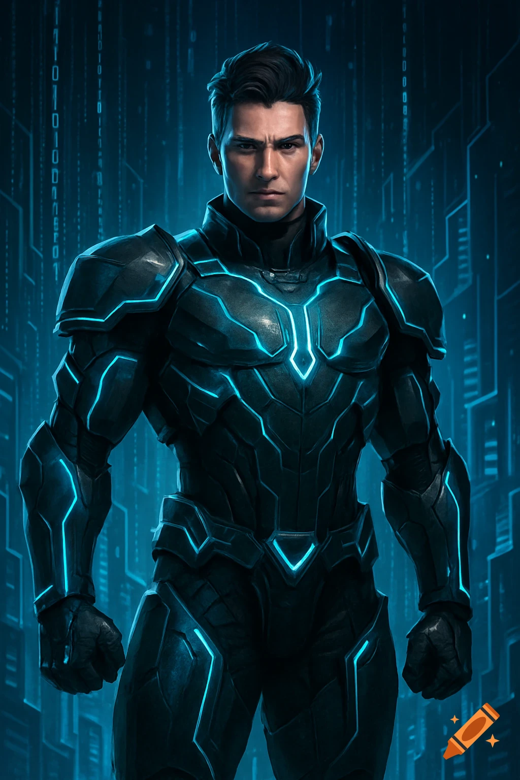 Man in a dark futuristic armored suit with glowing blue lines, standing against a digital binary code background.