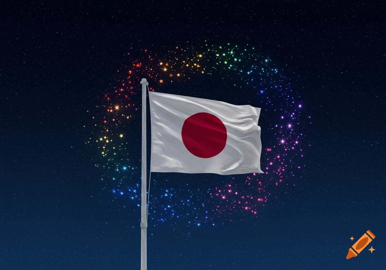 A Japanese flag waves on a flagpole against a dark starry night sky, surrounded by a rainbow-colored ring of sparkling stars.