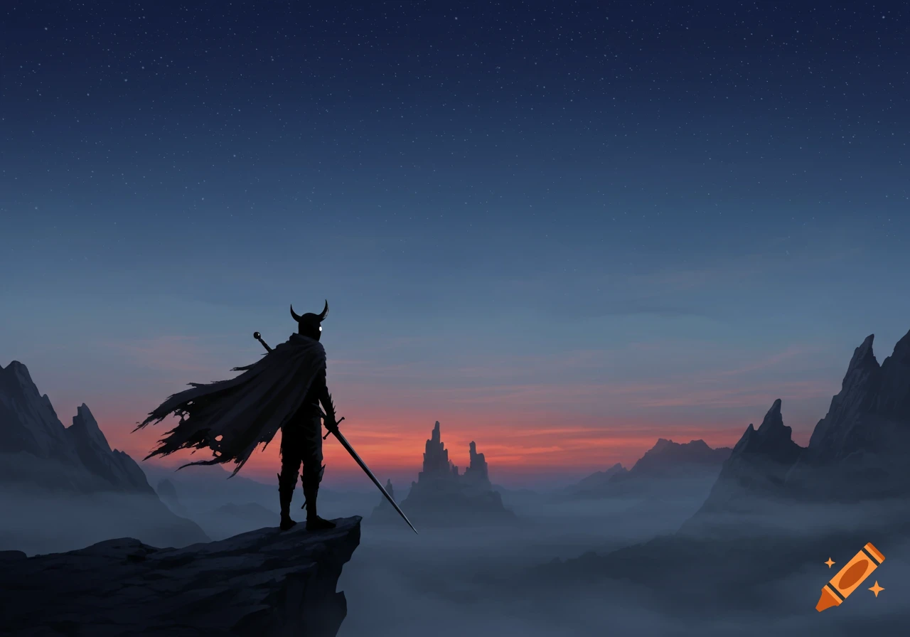 A horned warrior in a tattered cloak stands on a cliff overlooking a misty mountain valley at sunset, holding a large sword.