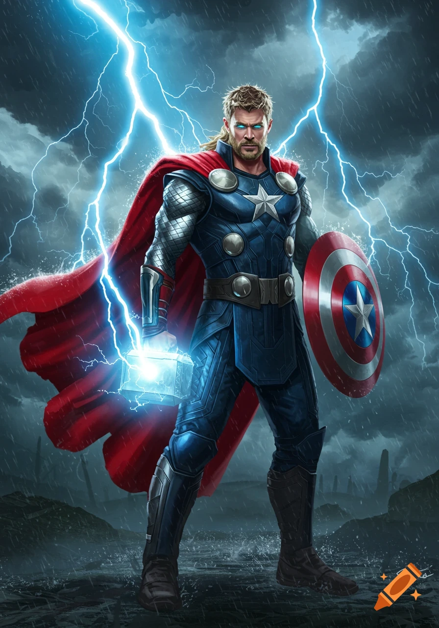 Thor, in a Captain America suit, holding Mjolnir and Captain America's shield, standing in rain with lightning in a dynamic illustrative style.