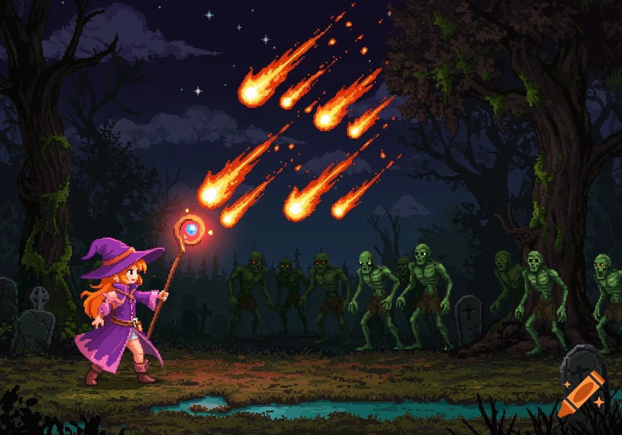 Pixel art of an orange-haired witch casting a meteor swarm spell on green zombies in a dark, spooky forest with gravestones.