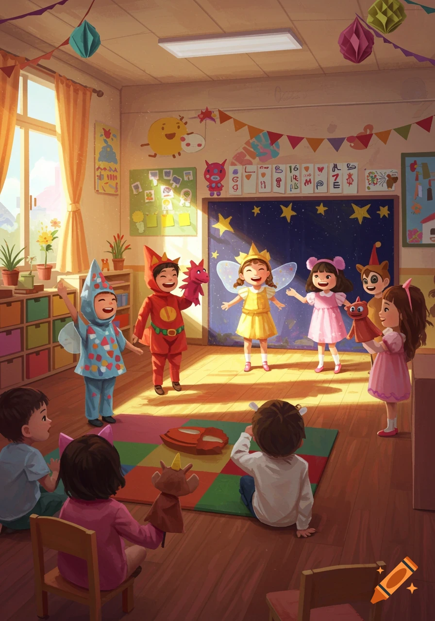 Illustrated scene of children in costumes and puppets performing a play in a sunny kindergarten classroom.