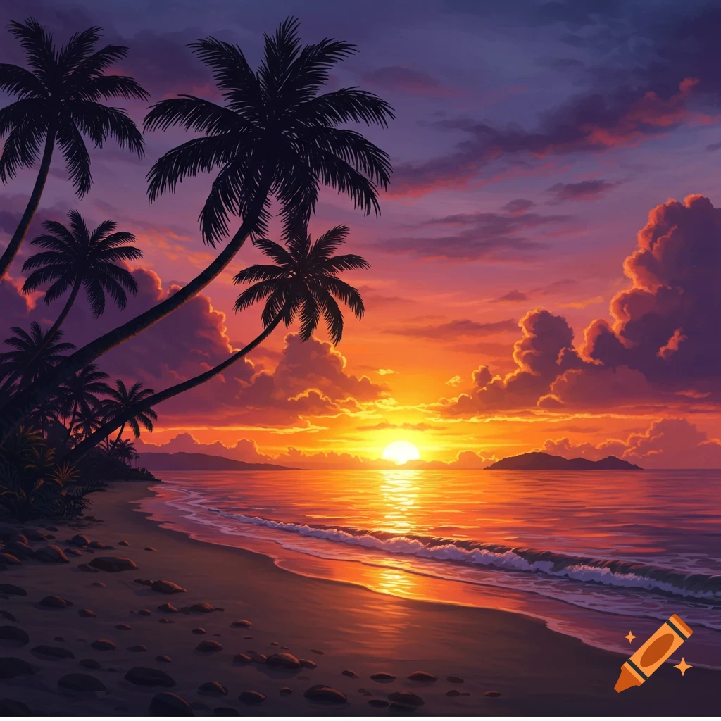 A vibrant tropical sunset over a beach with silhouetted palm trees and gentle waves, with an island in the distance.